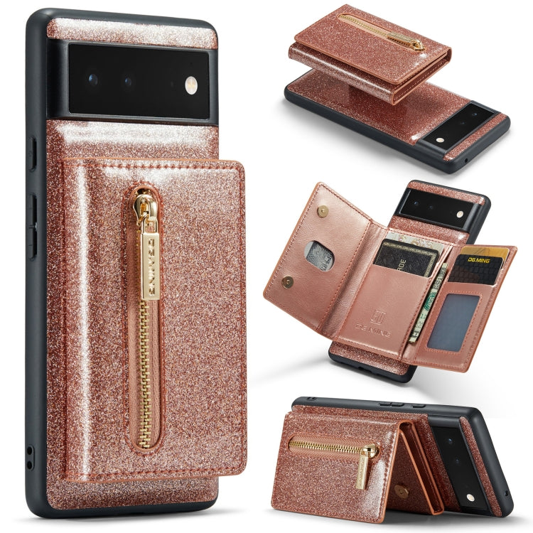 For Google Pixel 6 DG.MING M3 Series Glitter Powder Card Bag Leather Case(Rose Gold) - Google Cases by DG.MING | Online Shopping South Africa | PMC TechLife | Buy Now Pay Later Mobicred