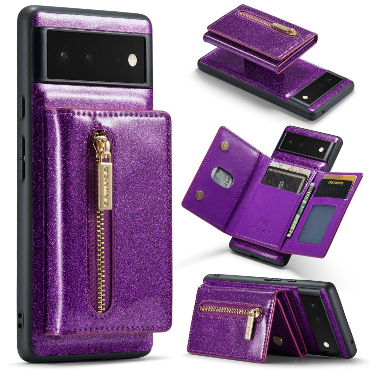 For Google Pixel 6 DG.MING M3 Series Glitter Powder Card Bag Leather Case(Dark Purple) - Google Cases by DG.MING | Online Shopping South Africa | PMC TechLife | Buy Now Pay Later Mobicred