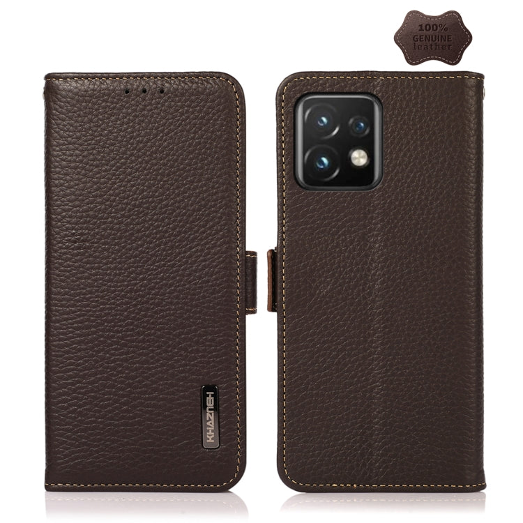 For Motorola Moto X40 Pro KHAZNEH Side-Magnetic Litchi Genuine Leather RFID Phone Case(Brown) - Motorola Cases by PMC TechLife | Online Shopping South Africa | PMC TechLife | Buy Now Pay Later Mobicred