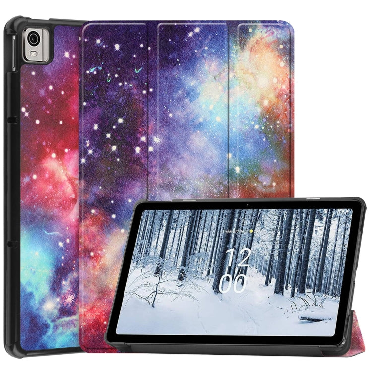 For Nokia T21 Custer Painted 3-Fold Holder Leather Smart Tablet Case(Milky Way Nebula) - Nokia by PMC TechLife | Online Shopping South Africa | PMC TechLife | Buy Now Pay Later Mobicred