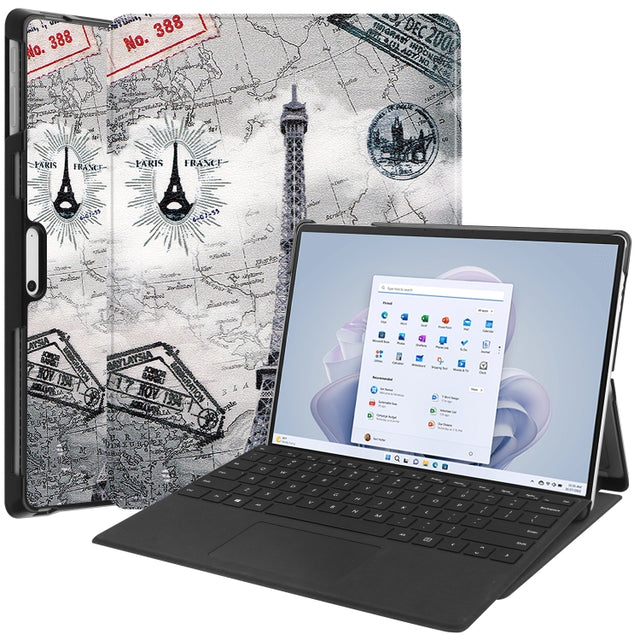 For Microsoft Surface Pro 9 Custer Painted 3-Fold Holder Leather Tablet Case(Retro Tower)