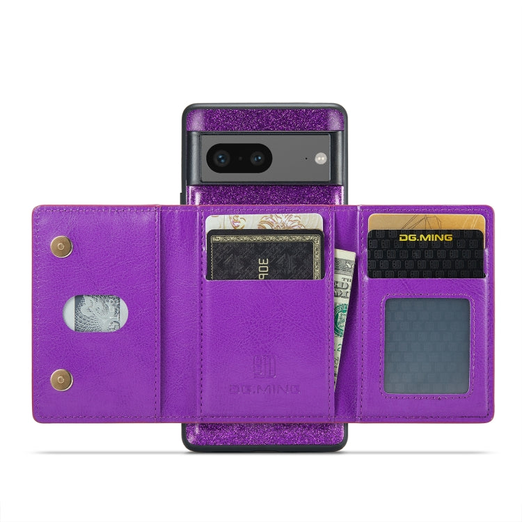 For Google Pixel 7 DG.MING M3 Series Glitter Powder Card Bag Leather Case(Dark Purple) - Google Cases by DG.MING | Online Shopping South Africa | PMC TechLife | Buy Now Pay Later Mobicred