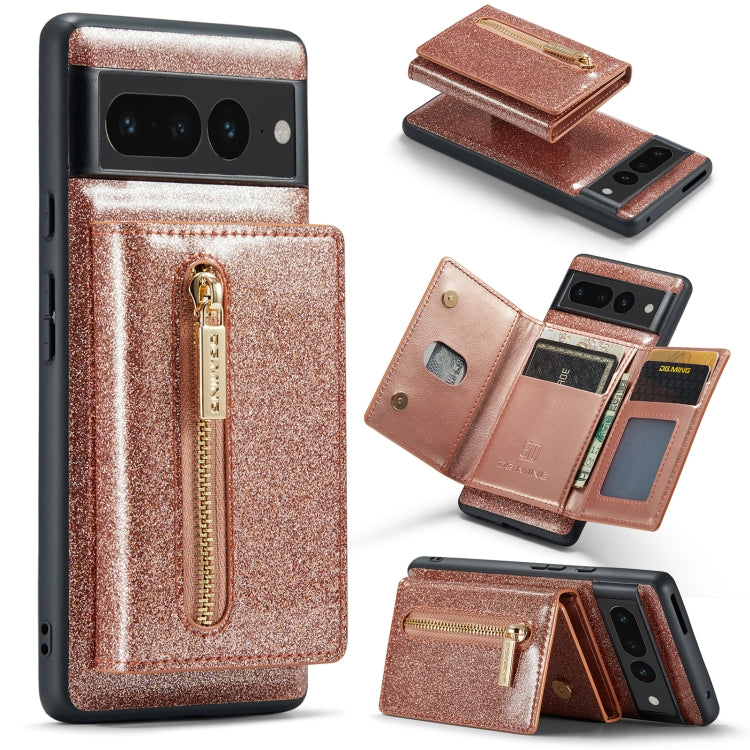 For Google Pixel 7 Pro DG.MING M3 Series Glitter Powder Card Bag Leather Case(Rose Gold) - Google Cases by DG.MING | Online Shopping South Africa | PMC TechLife | Buy Now Pay Later Mobicred
