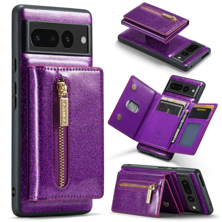 For Google Pixel 7 Pro DG.MING M3 Series Glitter Powder Card Bag Leather Case(Dark Purple) - Google Cases by DG.MING | Online Shopping South Africa | PMC TechLife | Buy Now Pay Later Mobicred