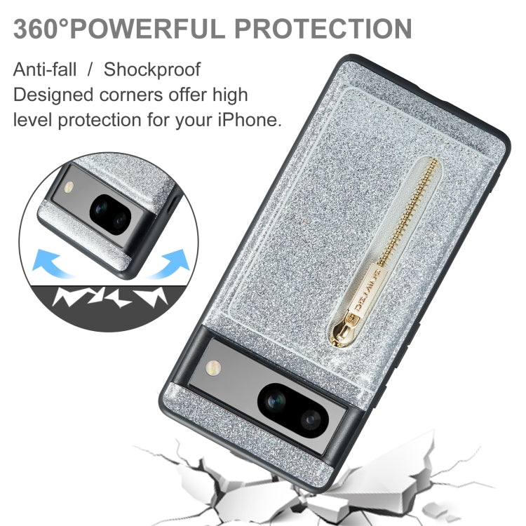 For Google Pixel 7A DG.MING M3 Series Glitter Powder Card Bag Leather Case(Silver) - free shipping - PMC TechLife - Order now!