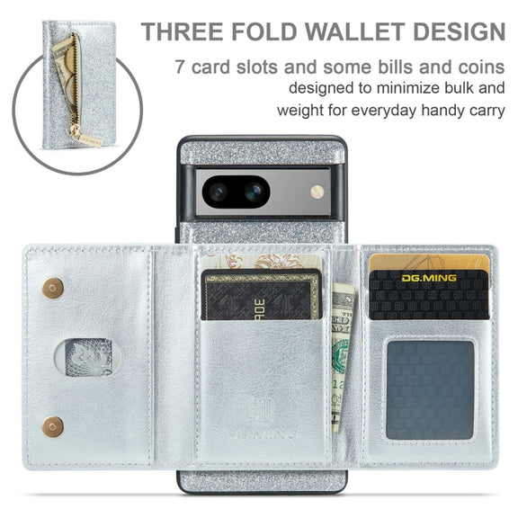 For Google Pixel 7A DG.MING M3 Series Glitter Powder Card Bag Leather Case(Silver)