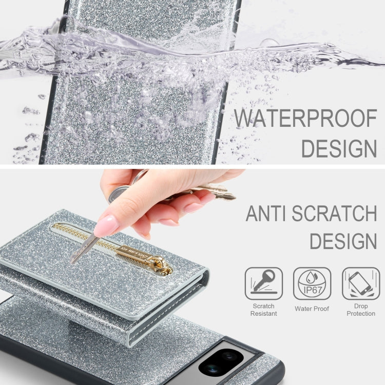 For Google Pixel 7A DG.MING M3 Series Glitter Powder Card Bag Leather Case(Silver)