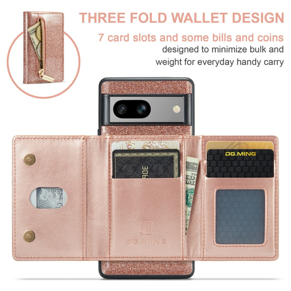 For Google Pixel 7A DG.MING M3 Series Glitter Powder Card Bag Leather Case(Rose Gold)