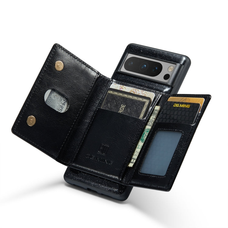 For Google Pixel 8 Pro DG.MING M3 Series Glitter Powder Card Bag Leather Case(Black) - Google Cases by DG.MING | Online Shopping South Africa | PMC TechLife | Buy Now Pay Later Mobicred
