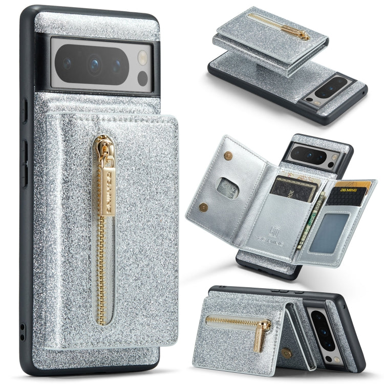 For Google Pixel 8 Pro DG.MING M3 Series Glitter Powder Card Bag Leather Case(Silver) - Google Cases by DG.MING | Online Shopping South Africa | PMC TechLife | Buy Now Pay Later Mobicred