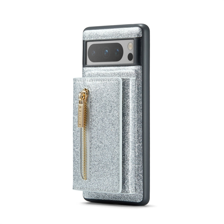 For Google Pixel 8 Pro DG.MING M3 Series Glitter Powder Card Bag Leather Case(Silver) - Google Cases by DG.MING | Online Shopping South Africa | PMC TechLife | Buy Now Pay Later Mobicred