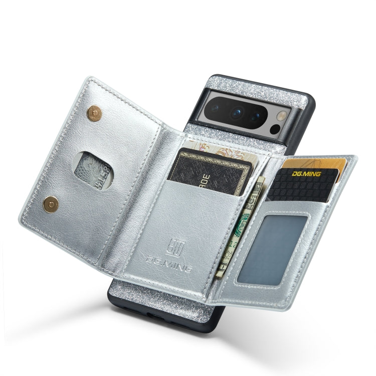 For Google Pixel 8 Pro DG.MING M3 Series Glitter Powder Card Bag Leather Case(Silver) - Google Cases by DG.MING | Online Shopping South Africa | PMC TechLife | Buy Now Pay Later Mobicred