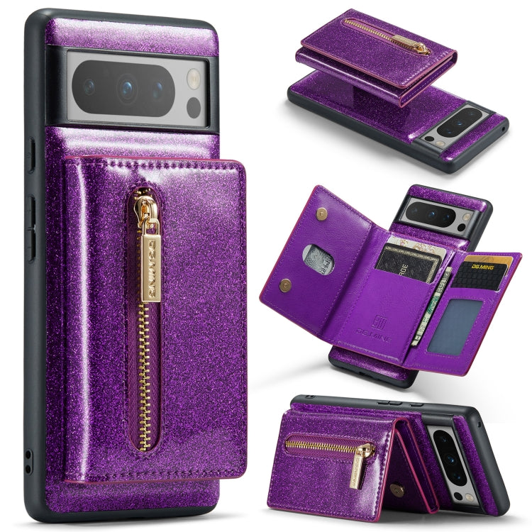 For Google Pixel 8 Pro DG.MING M3 Series Glitter Powder Card Bag Leather Case(Dark Purple) - Google Cases by DG.MING | Online Shopping South Africa | PMC TechLife | Buy Now Pay Later Mobicred