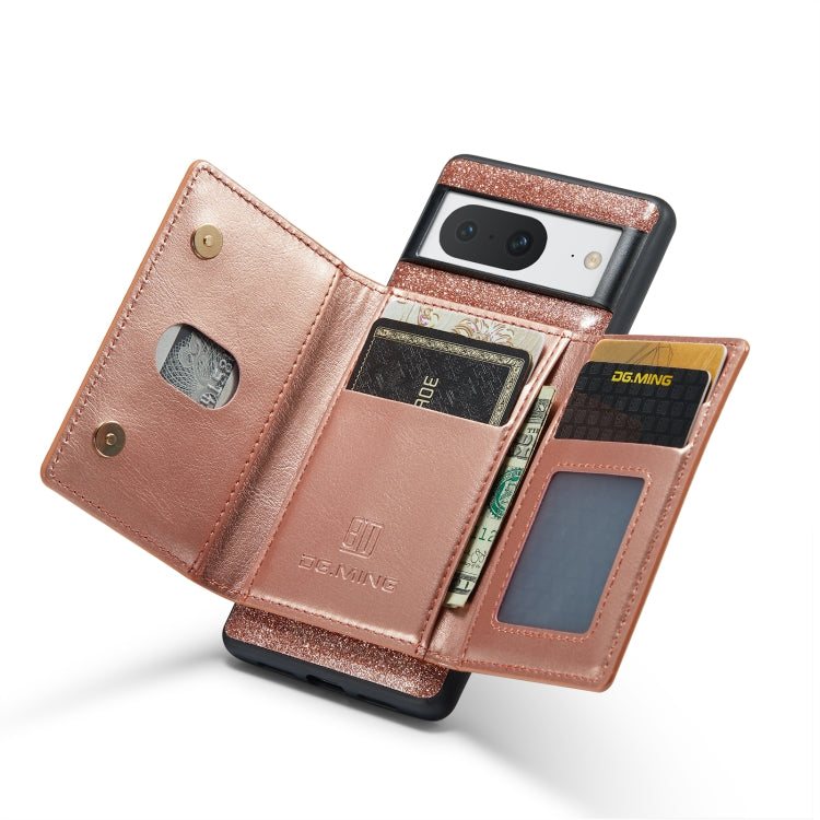 For Google Pixel 8 DG.MING M3 Series Glitter Powder Card Bag Leather Case(Rose Gold) - Google Cases by DG.MING | Online Shopping South Africa | PMC TechLife | Buy Now Pay Later Mobicred