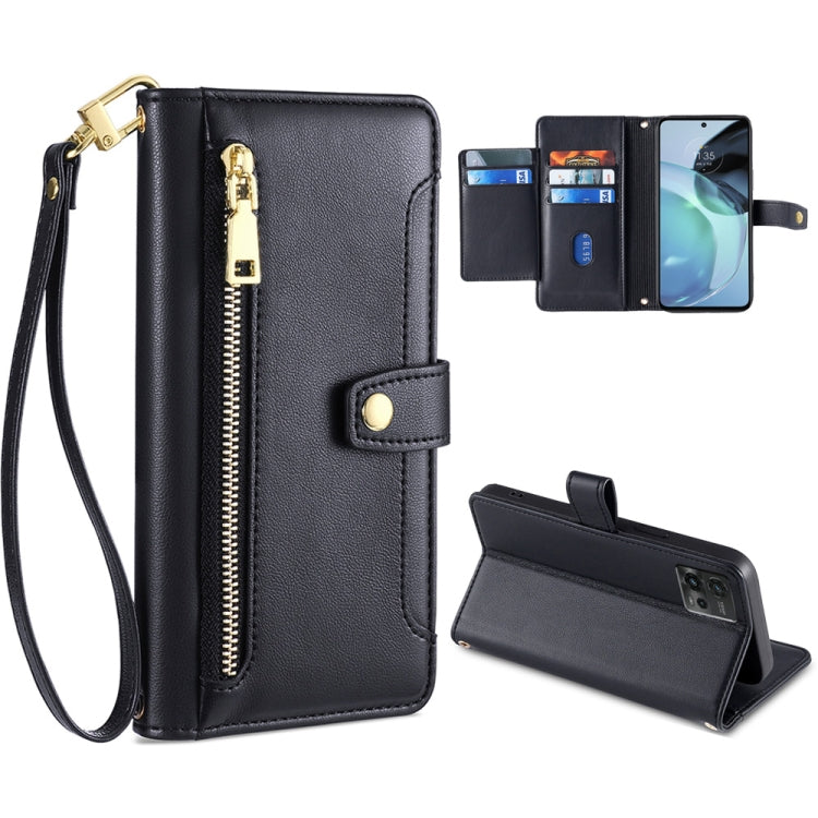 For Motorola Moto G72 4G Sheep Texture Cross-body Zipper Wallet Leather Phone Case(Black) - Motorola Cases by PMC TechLife | Online Shopping South Africa | PMC TechLife | Buy Now Pay Later Mobicred