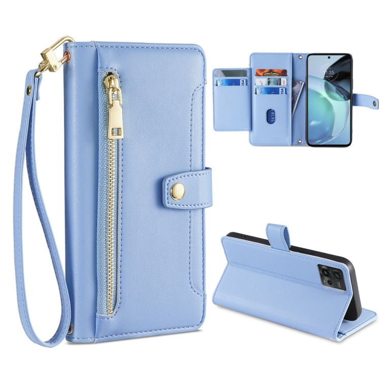 For Motorola Moto G72 4G Sheep Texture Cross-body Zipper Wallet Leather Phone Case(Blue) - Motorola Cases by PMC TechLife | Online Shopping South Africa | PMC TechLife | Buy Now Pay Later Mobicred