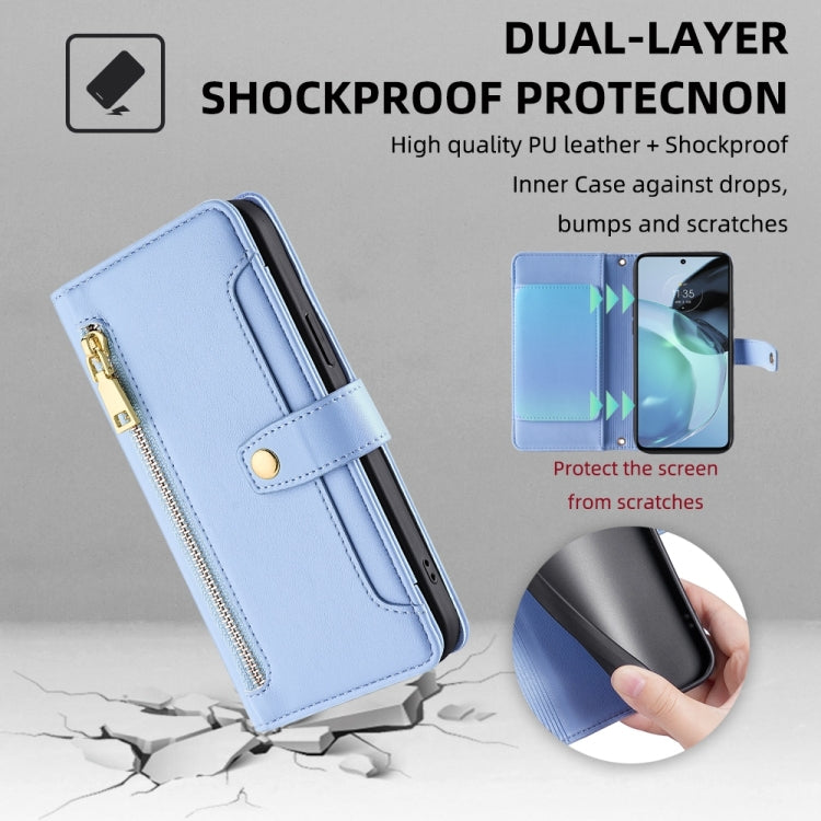 For Motorola Moto G72 4G Sheep Texture Cross-body Zipper Wallet Leather Phone Case(Blue) - Motorola Cases by PMC TechLife | Online Shopping South Africa | PMC TechLife | Buy Now Pay Later Mobicred