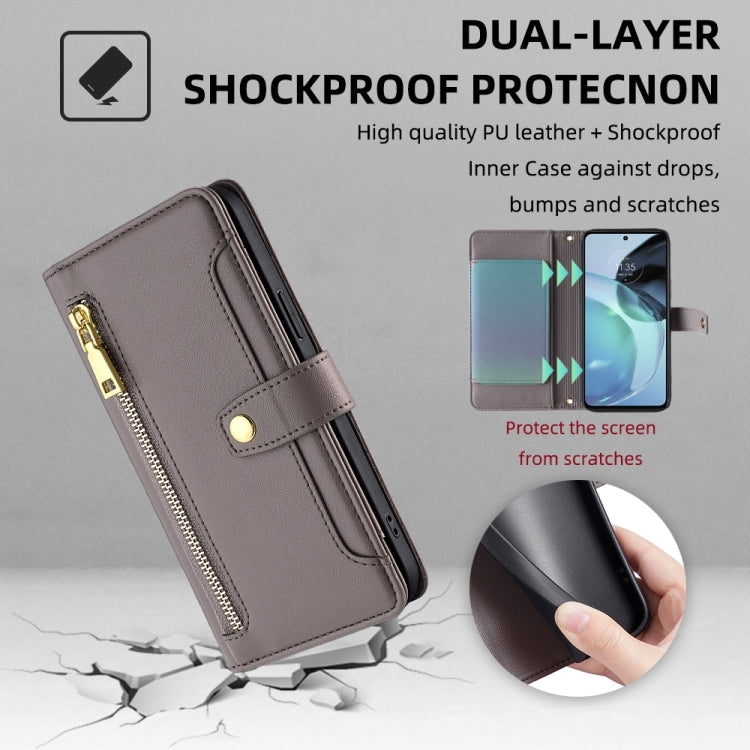 For Motorola Moto G72 4G Sheep Texture Cross-body Zipper Wallet Leather Phone Case(Grey) - Motorola Cases by PMC TechLife | Online Shopping South Africa | PMC TechLife | Buy Now Pay Later Mobicred