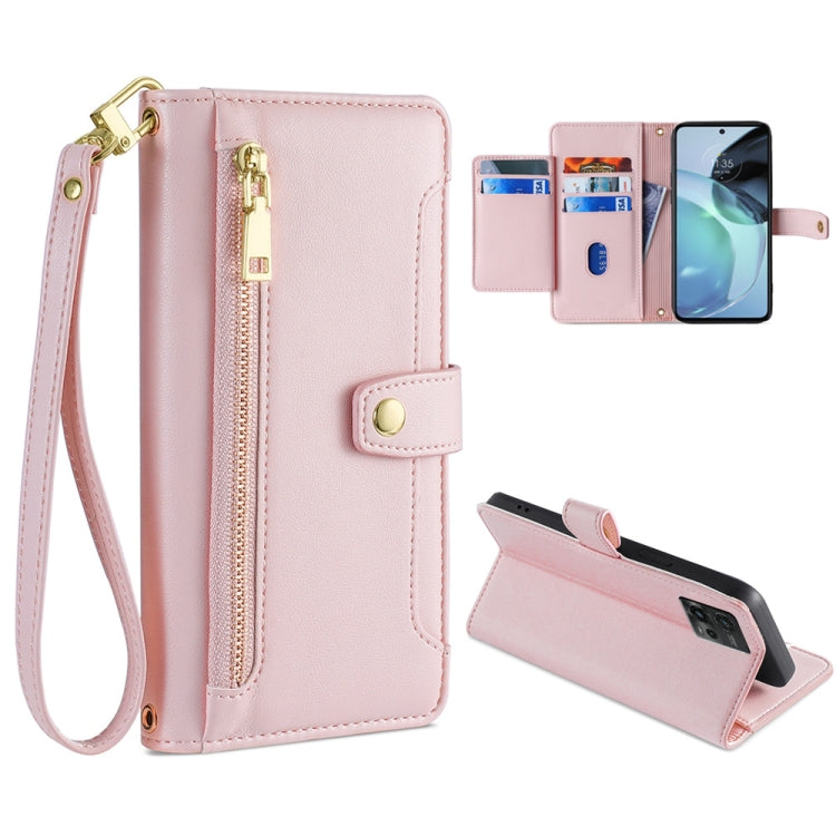 For Motorola Moto G72 4G Sheep Texture Cross-body Zipper Wallet Leather Phone Case(Pink) - Motorola Cases by PMC TechLife | Online Shopping South Africa | PMC TechLife | Buy Now Pay Later Mobicred