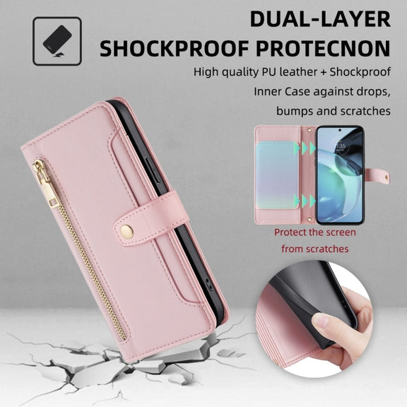 For Motorola Moto G72 4G Sheep Texture Cross-body Zipper Wallet Leather Phone Case(Pink)