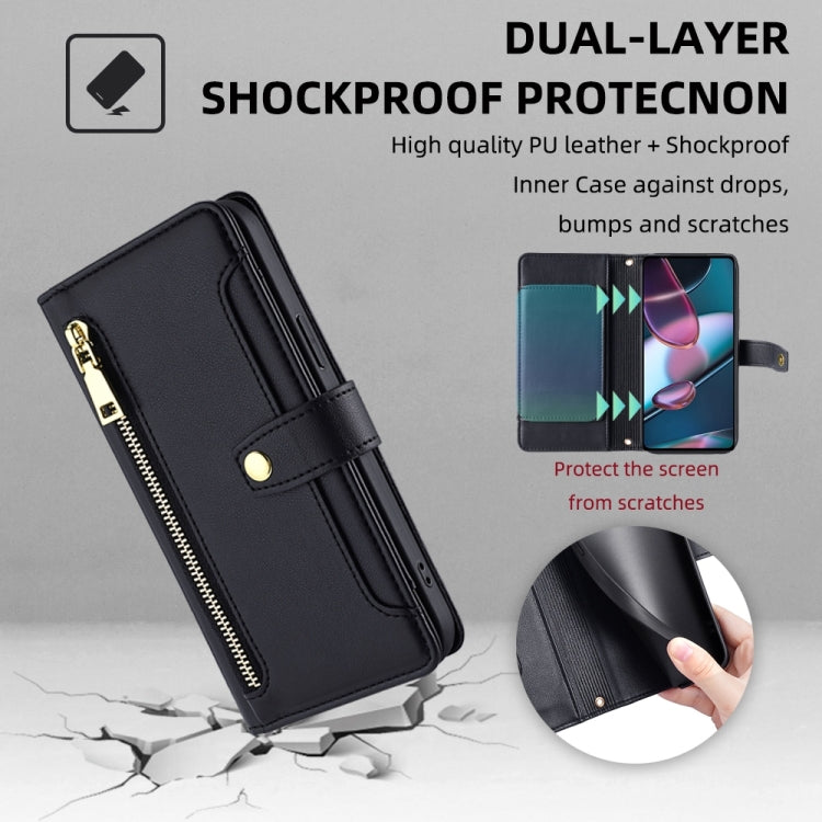 For Motorola Edge X30 Sheep Texture Cross-body Zipper Wallet Leather Phone Case(Black) - Motorola Cases by PMC TechLife | Online Shopping South Africa | PMC TechLife | Buy Now Pay Later Mobicred