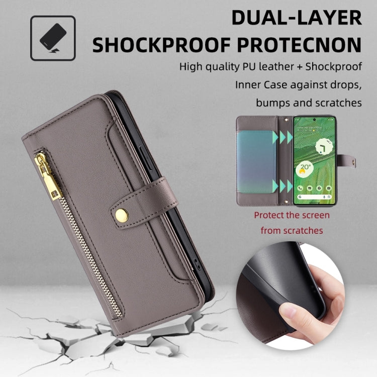 For Google Pixel 7 5G Sheep Texture Cross-body Zipper Wallet Leather Phone Case(Grey) - Google Cases by PMC TechLife | Online Shopping South Africa | PMC TechLife | Buy Now Pay Later Mobicred