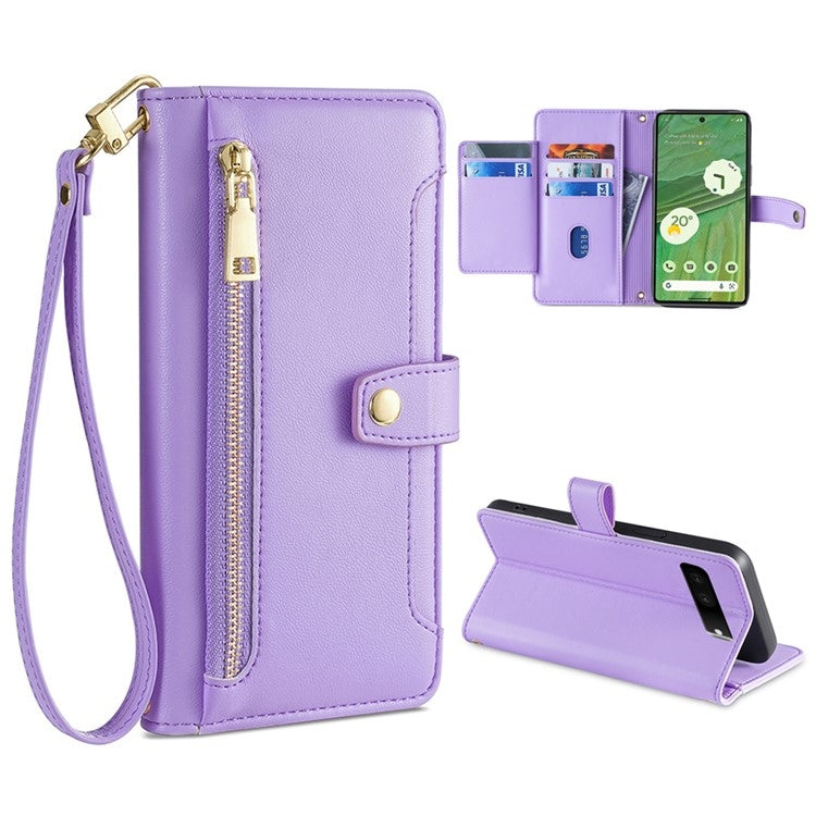 For Google Pixel 7 5G Sheep Texture Cross-body Zipper Wallet Leather Phone Case(Purple) - Google Cases by PMC TechLife | Online Shopping South Africa | PMC TechLife | Buy Now Pay Later Mobicred