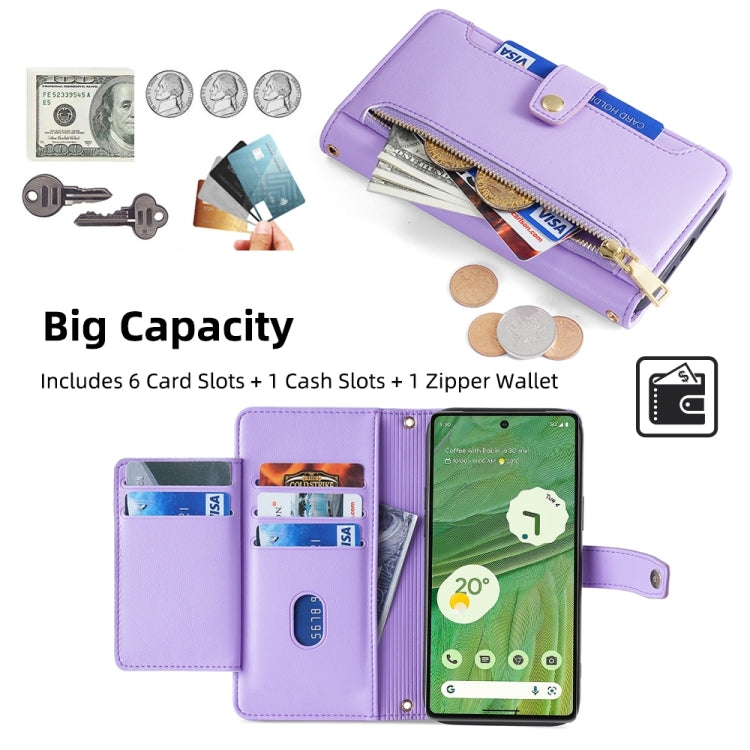 For Google Pixel 7 5G Sheep Texture Cross-body Zipper Wallet Leather Phone Case(Purple) - Google Cases by PMC TechLife | Online Shopping South Africa | PMC TechLife | Buy Now Pay Later Mobicred