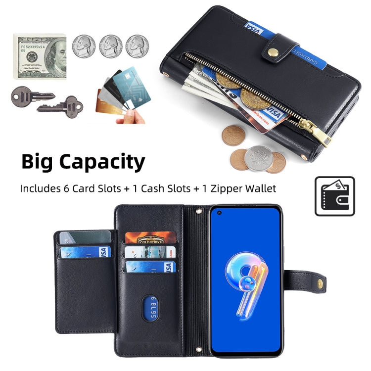 For ASUS Zenfone 9 / Zenfone 9Z Sheep Texture Cross-body Zipper Wallet Leather Phone Case(Black) - ASUS Cases by PMC Jewellery | Online Shopping South Africa | PMC Jewellery | Buy Now Pay Later Mobicred
