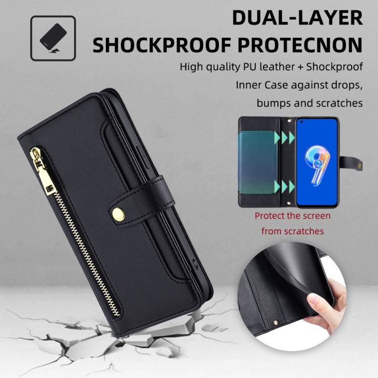 For ASUS Zenfone 9 / Zenfone 9Z Sheep Texture Cross-body Zipper Wallet Leather Phone Case(Black) - ASUS Cases by PMC TechLife | Online Shopping South Africa | PMC TechLife | Buy Now Pay Later Mobicred