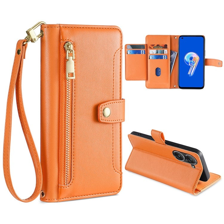 For ASUS Zenfone 9 / Zenfone 9Z Sheep Texture Cross-body Zipper Wallet Leather Phone Case(Orange) - ASUS Cases by PMC TechLife | Online Shopping South Africa | PMC TechLife | Buy Now Pay Later Mobicred