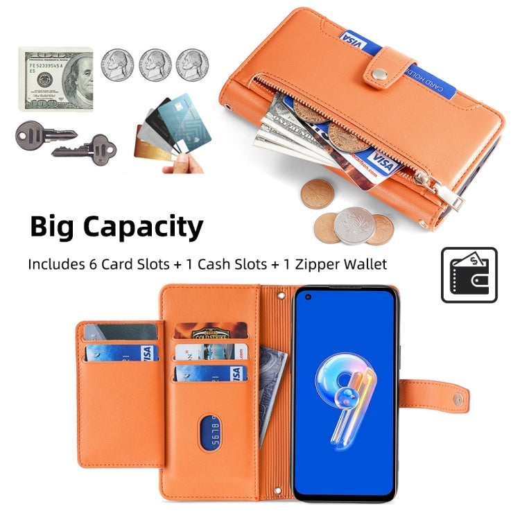 For ASUS Zenfone 9 / Zenfone 9Z Sheep Texture Cross-body Zipper Wallet Leather Phone Case(Orange) - ASUS Cases by PMC TechLife | Online Shopping South Africa | PMC TechLife | Buy Now Pay Later Mobicred