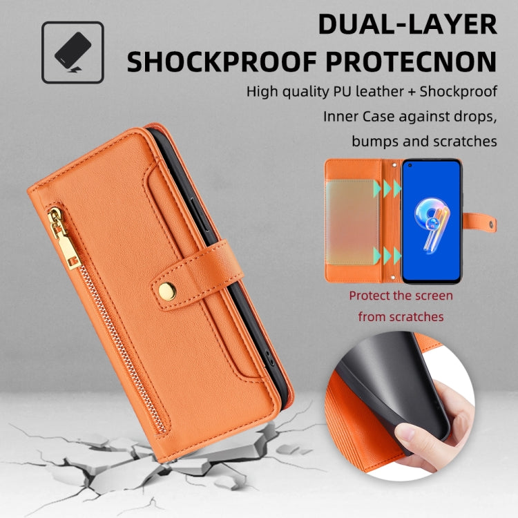 For ASUS Zenfone 9 / Zenfone 9Z Sheep Texture Cross-body Zipper Wallet Leather Phone Case(Orange) - ASUS Cases by PMC Jewellery | Online Shopping South Africa | PMC Jewellery | Buy Now Pay Later Mobicred