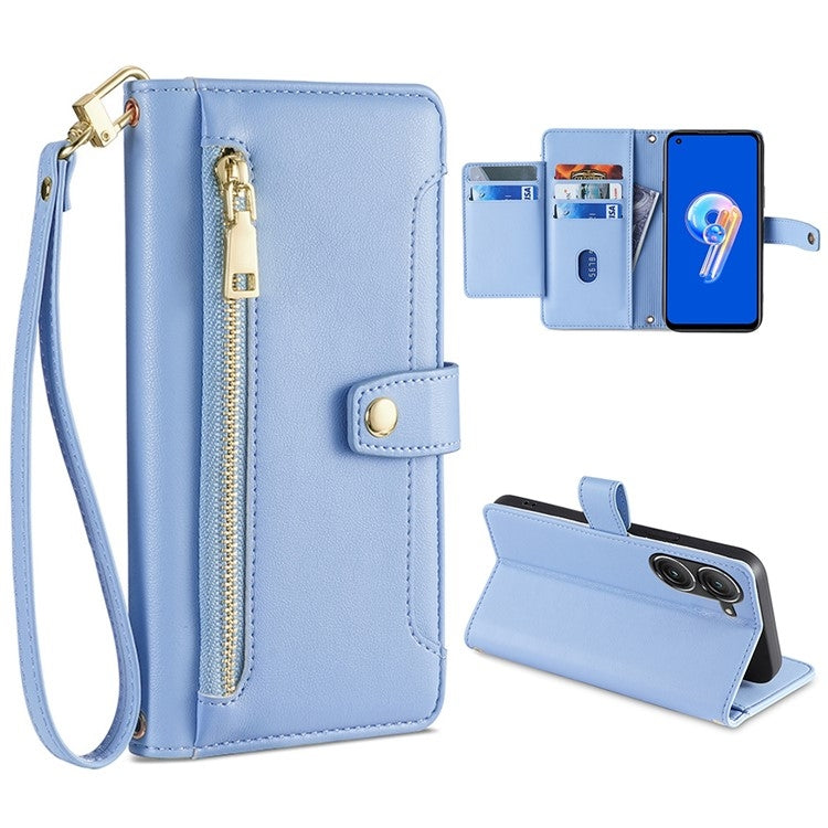 For ASUS Zenfone 9 / Zenfone 9Z Sheep Texture Cross-body Zipper Wallet Leather Phone Case(Blue) - ASUS Cases by PMC TechLife | Online Shopping South Africa | PMC TechLife | Buy Now Pay Later Mobicred