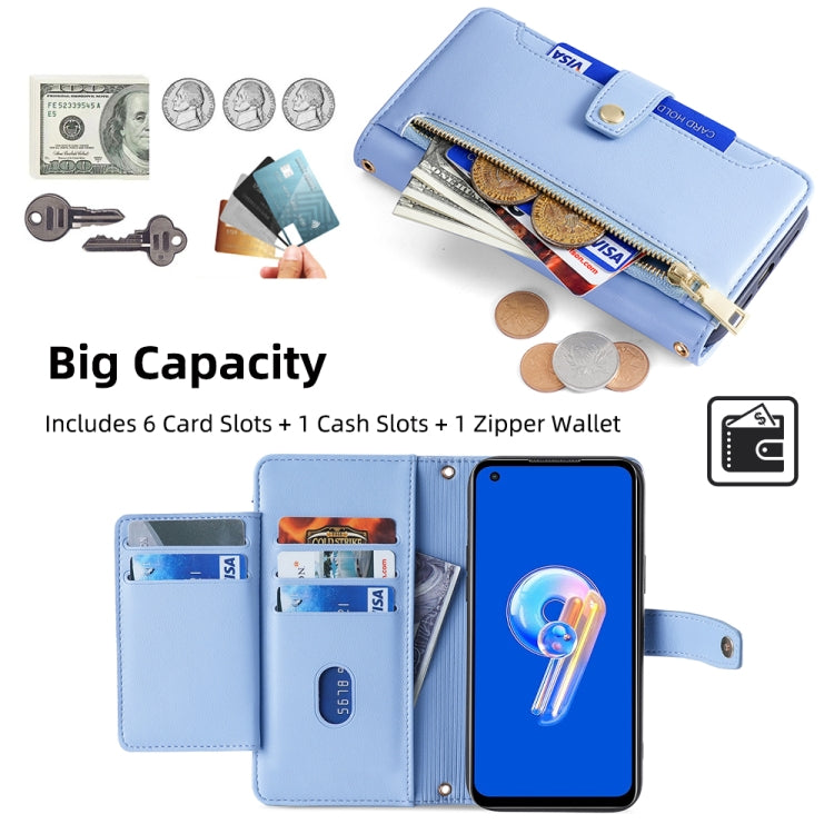 For ASUS Zenfone 9 / Zenfone 9Z Sheep Texture Cross-body Zipper Wallet Leather Phone Case(Blue) - ASUS Cases by PMC TechLife | Online Shopping South Africa | PMC TechLife | Buy Now Pay Later Mobicred