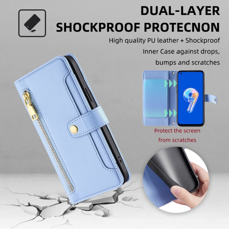 For ASUS Zenfone 9 / Zenfone 9Z Sheep Texture Cross-body Zipper Wallet Leather Phone Case(Blue) - ASUS Cases by PMC TechLife | Online Shopping South Africa | PMC TechLife | Buy Now Pay Later Mobicred