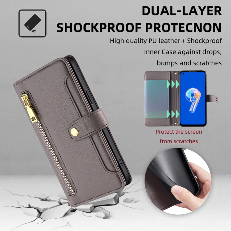 For ASUS Zenfone 9 / Zenfone 9Z Sheep Texture Cross-body Zipper Wallet Leather Phone Case(Grey) - ASUS Cases by PMC Jewellery | Online Shopping South Africa | PMC Jewellery | Buy Now Pay Later Mobicred