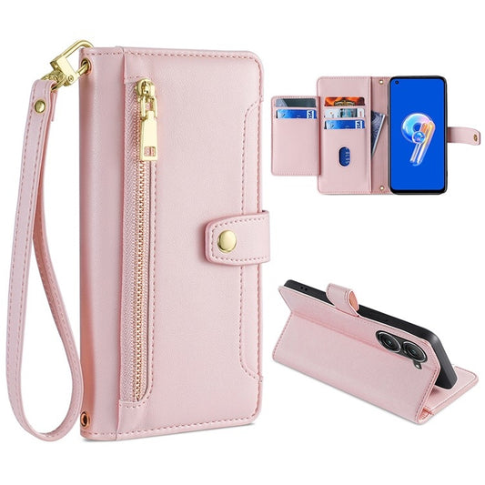 For ASUS Zenfone 9 / Zenfone 9Z Sheep Texture Cross-body Zipper Wallet Leather Phone Case(Pink) - free shipping - PMC Jewellery - Order now!