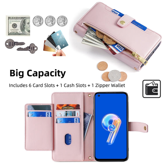 For ASUS Zenfone 9 / Zenfone 9Z Sheep Texture Cross-body Zipper Wallet Leather Phone Case(Pink)