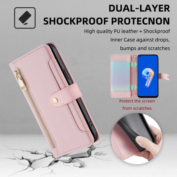 For ASUS Zenfone 9 / Zenfone 9Z Sheep Texture Cross-body Zipper Wallet Leather Phone Case(Pink)