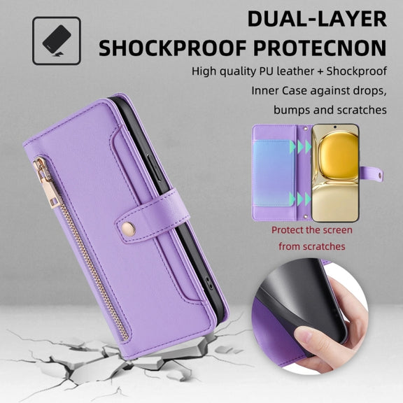 For Huawei P50 Sheep Texture Cross-body Zipper Wallet Leather Phone Case(Purple)