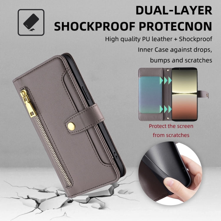 For Sony Xperia 5 IV Sheep Texture Cross-body Zipper Wallet Leather Phone Case(Grey) - Sony Cases by PMC TechLife | Online Shopping South Africa | PMC TechLife | Buy Now Pay Later Mobicred