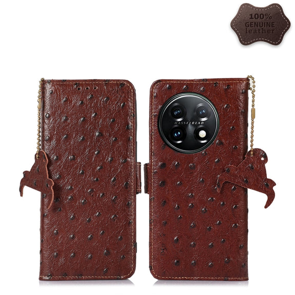 For OnePlus 11 5G Ostrich Pattern Genuine Leather RFID Phone Case(Coffee)