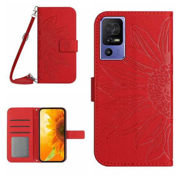 For TCL 40 SE HT04 Skin Feel Sun Flower Embossed Flip Leather Phone Case with Lanyard(Red)
