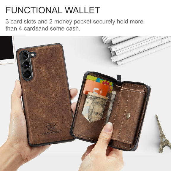 For Samsung Galaxy S24+ 5G JEEHOOD Magnetic Zipper Horizontal Flip Leather Phone Case(Brown)