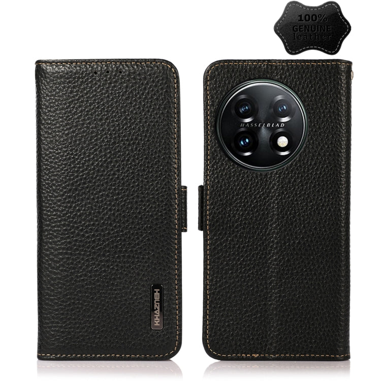 For OnePlus 11 KHAZNEH Side-Magnetic Litchi Genuine Leather RFID Phone Case(Black) - OnePlus Cases by PMC TechLife | Online Shopping South Africa | PMC TechLife | Buy Now Pay Later Mobicred