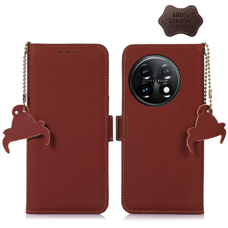 For OnePlus 11 Genuine Leather Magnetic RFID Leather Phone Case(Coffee) - OnePlus Cases by PMC TechLife | Online Shopping South Africa | PMC TechLife | Buy Now Pay Later Mobicred