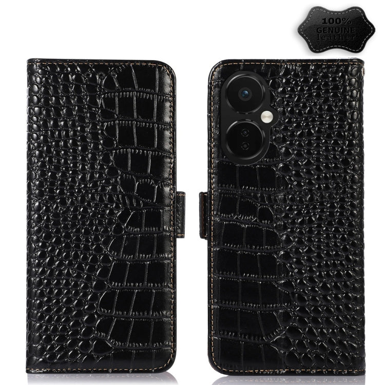For OnePlus Nord CE 3 Lite Crocodile Top Layer Cowhide RFID Leather Phone Case(Black) - OnePlus Cases by PMC TechLife | Online Shopping South Africa | PMC TechLife | Buy Now Pay Later Mobicred
