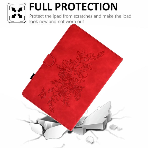 For 10 inch Tablets Peony Butterfly Embossed Leather Tablet Case(Red)