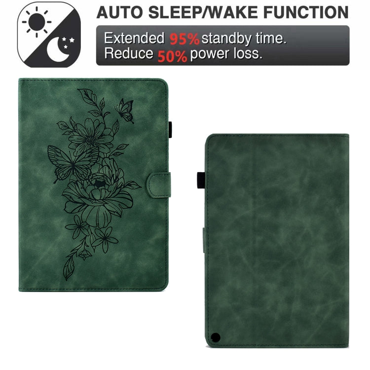 For Amazon Kindle Fire HD10 2021 Peony Butterfly Embossed Leather Smart Tablet Case(Green)